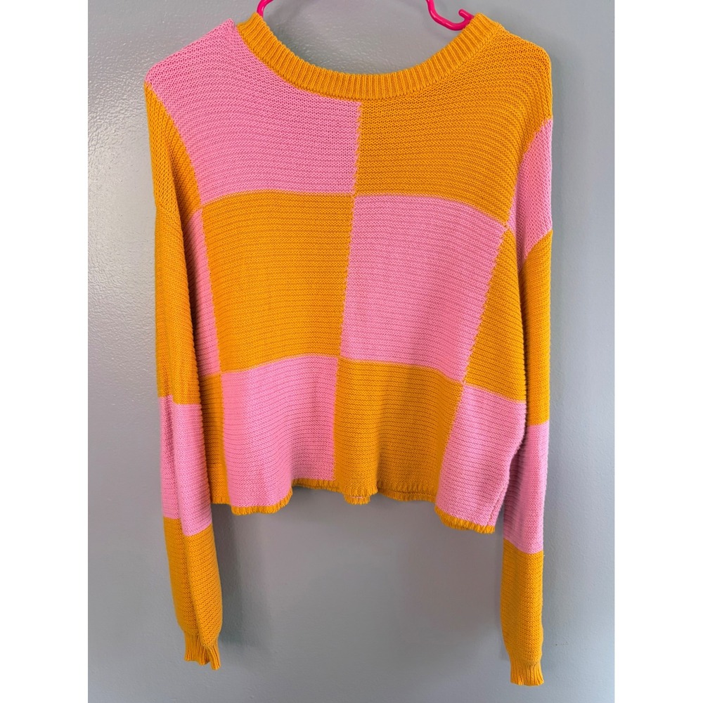 Jessica Simpson Pink Cropped Chunky  Knit Checkerboard Sweater Colorblock‎ XS